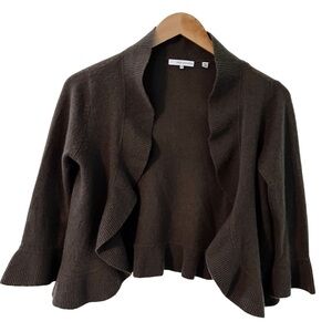 360 Cashmere Brown Open Front Ruffle Cardigan